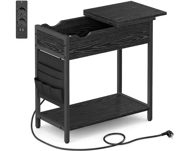 Masuta cu priza, USB si blat pliabil Vasagle, 60 x 31.5 x 60 cm, PAL/otel, negru