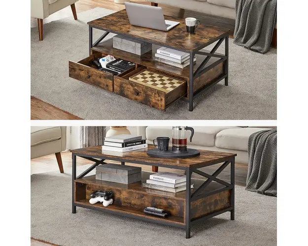 Masuta de cafea cu 2 sertare X Shaped, Vasagle, 100x55x45 cm, PAL/otel, maro