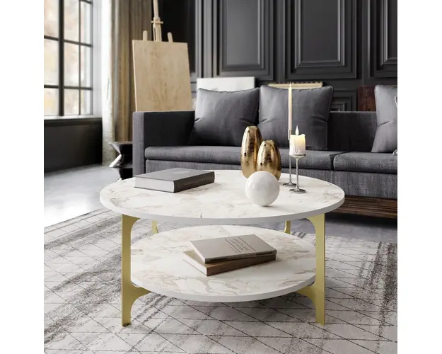 Masuta de cafea, Hadley, Versy, 90x90x36.8 cm, Aur/Alb