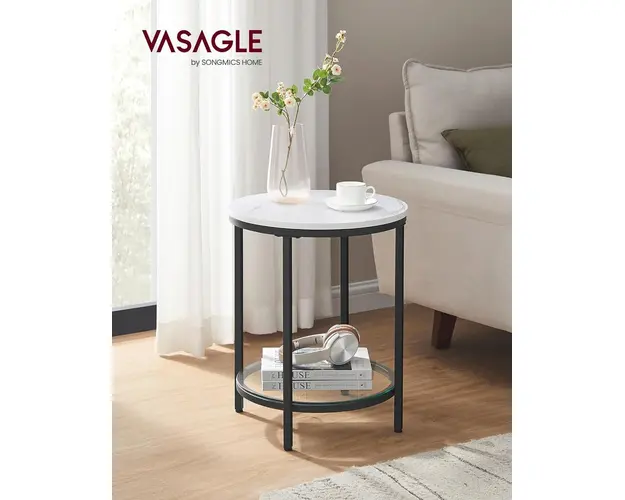 Masuta de cafea Vasagle, 45x45x55 cm, PAL/otel/sticla, alb/negu