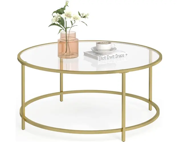 Masuta de cafea Vasagle, 84x84x45.5 cm, otel/sticla temperata, auriu