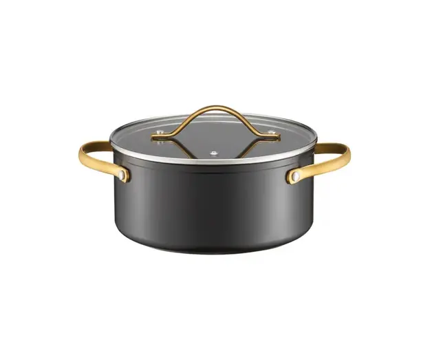 Oala cu capac Royal Gold, Ambition, 20 cm, 2.8 L, aluminiu forjat, strat antiaderent Qualum Basic, gri/auriu