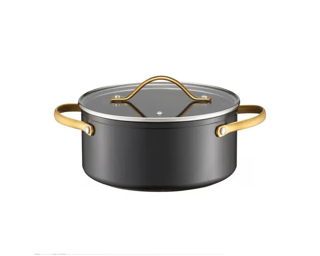 Oala cu capac Royal Gold, Ambition, 24 cm, 4.6 L, aluminiu forjat, strat antiaderent Qualum Basic, gri/auriu