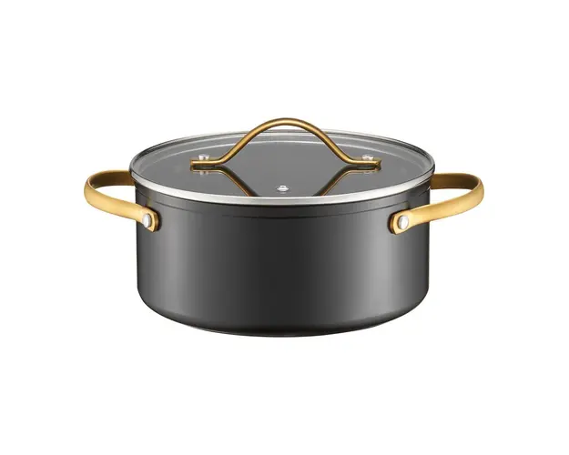 Oala cu capac Royal Gold, Ambition, 28 cm, 7.5 L, aluminiu forjat, strat antiaderent Qualum Basic, gri/auriu