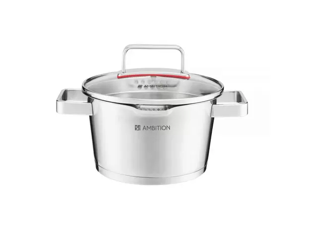 Oala cu capac strecurator Selection, Ambition, 18 cm, 2.3L, inox/sticla, argintiu/transparent