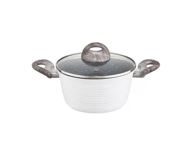 Oala cu capac Wavy, Ambition, 20 cm, 2.7 litri, invelis Qualum Basic Stone Edition, aluminiu forjat, alb