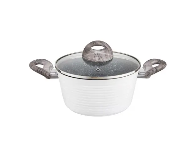 Oala cu capac Wavy, Ambition, 24 cm, 6.5 litri, invelis Qualum Basic Stone Edition, aluminiu forjat, alb
