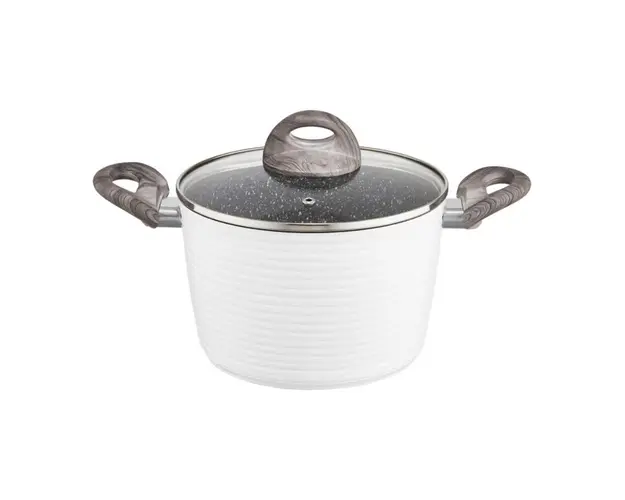 Oala inalta cu capac Wavy, Ambition, 20 cm, 3.8 litri, invelis Qualum Basic Stone Edition, aluminiu forjat, alb