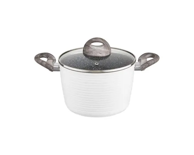 Oala inalta cu capac Wavy, Ambition, 24 cm, 6.5 litri, invelis Qualum Basic Stone Edition, aluminiu forjat, alb