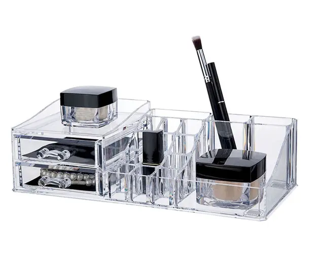 Organizator pentru cosmetice Compactor, 16 compartimente si 2 sertare, transparent
