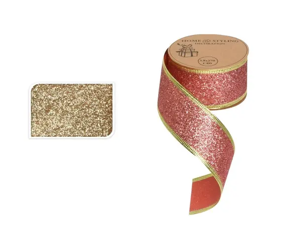 Panglica decorativa Glitter, 3.8x270 cm, poliester, sampanie