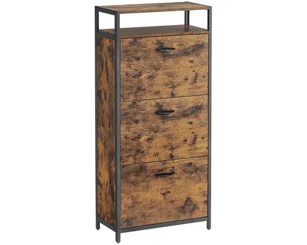 Pantofar cu 3 usi, Vasagle, 15-18 perechi pantofi, 60 x 30 x 130 cm, PAL/otel, maro rustic