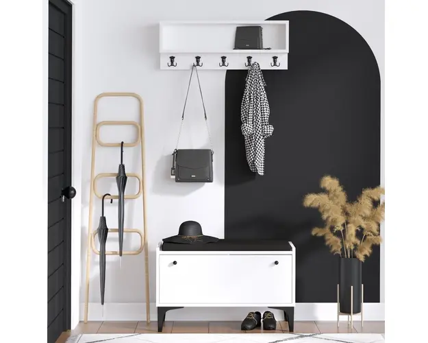 Pantofar si cuier, Emerald, Scoty, pal melaminat, alb/negru