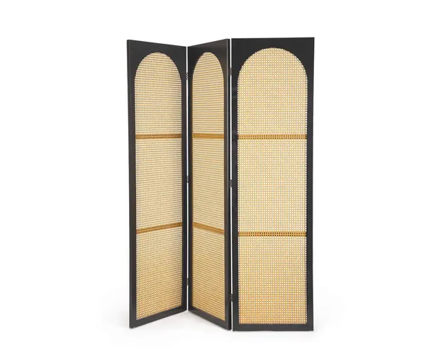 Paravan decorativ / despartitor camera Josine, Bizzotto, 150 x 2 x 180 cm, lemn de pin/ratan, negru