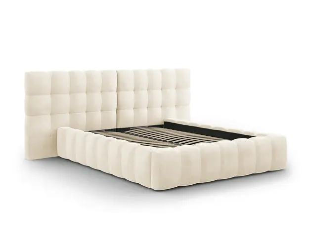 Pat tapitat cu tablie dubla si lada depozitare, Mamaia, Micadoni Home, BL, 160x200 cm, catifea, bej deschis