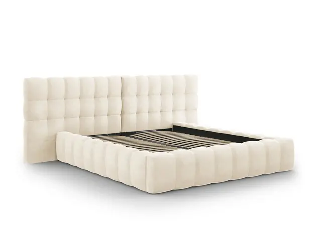 Pat tapitat cu tablie dubla si lada depozitare, Mamaia, Micadoni Home, BL, 180x200 cm, catifea, bej deschis