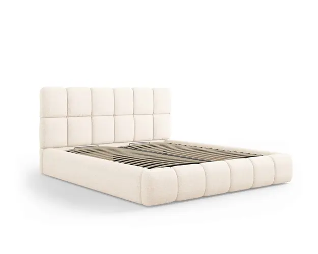 Pat tapitat cu tablie si lada depozitare, Bellis, Micadoni Home, BL, 200x200 cm, poliester chenille, bej deschis