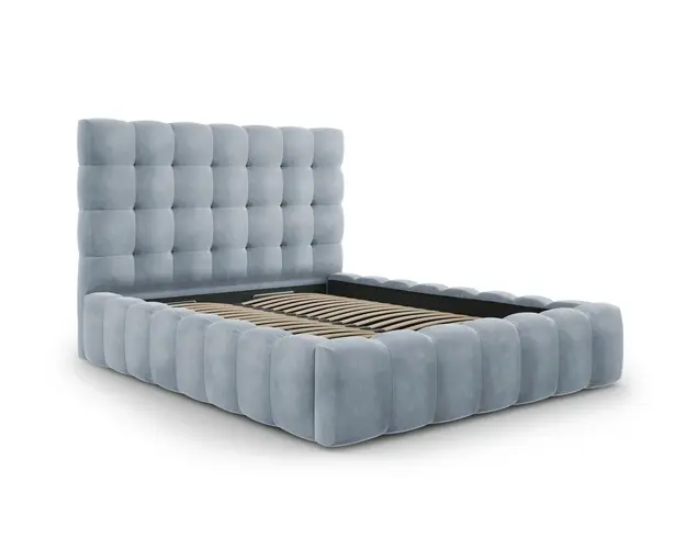 Pat tapitat cu tablie si lada depozitare, Mamaia, Micadoni Home, BL, 160x200 cm, catifea, albastru deschis