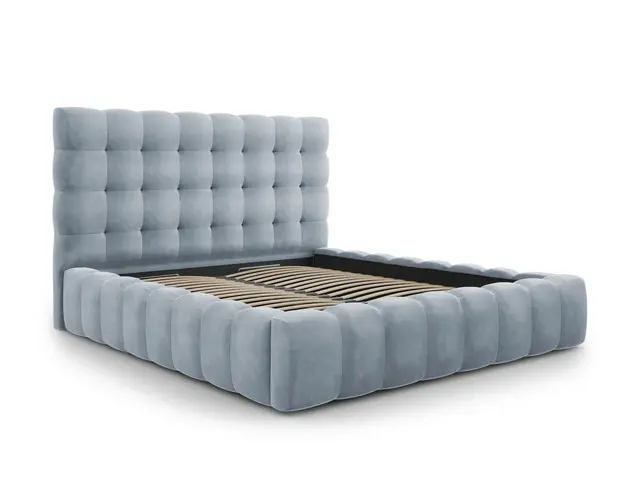 Pat tapitat cu tablie si lada depozitare, Mamaia, Micadoni Home, BL, 180x200 cm, catifea, albastru deschis