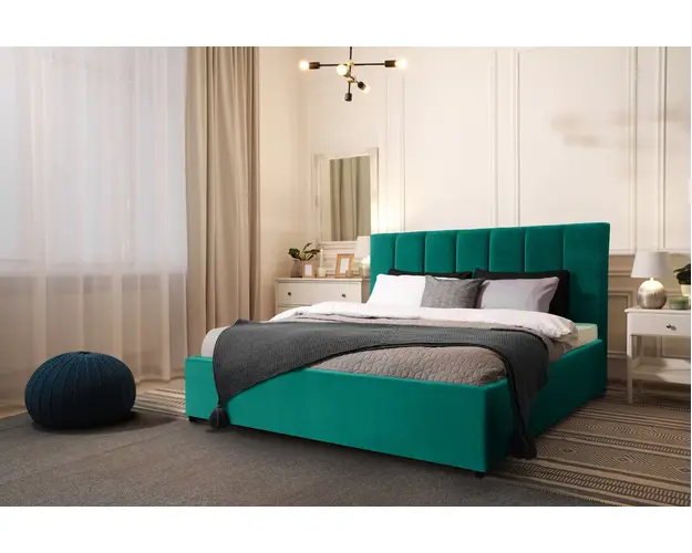 Pat tapitat Frisco, 180x200 cm, somiera rabatabila, spatiu depozitare, verde inchis