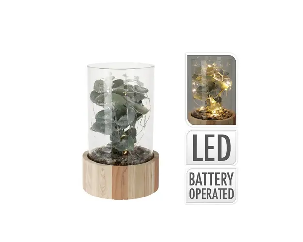 Planta artificiala cu 15 LED-uri, 14 x 14 x 23 cm, V2, sticla/lemn