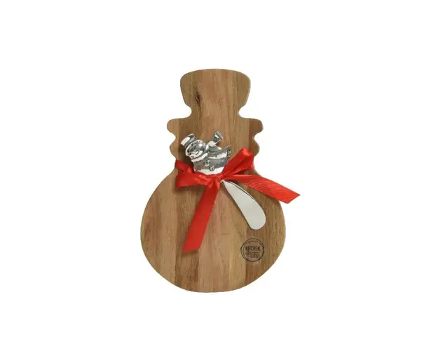 Platou pentru branzeturi cu cutit Snowman, Decoris, 19x21.5 cm, lemn de salcam, maro