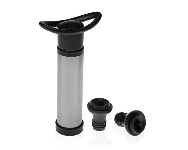 Pompa de vacuum pentru sticla de vin cu 2 dopuri, Versa, 16x8x8 cm, aluminiu/silicon