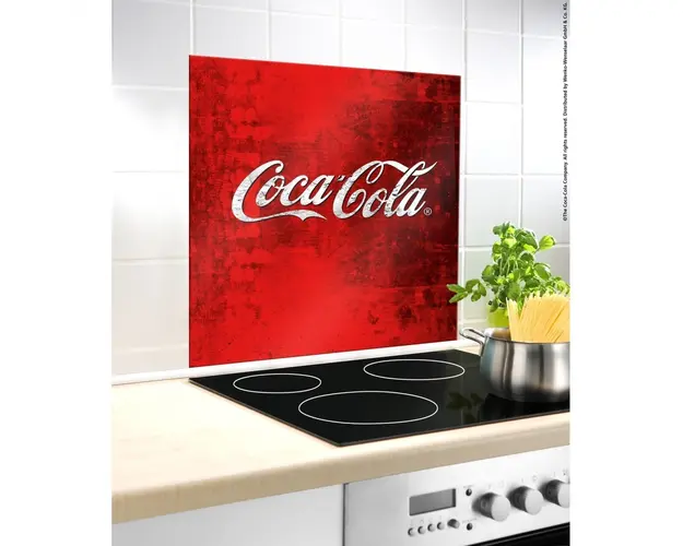 Protectie perete bucatarie Coca-Cola Classic, Wenko, 60 x 70 cm, sticla termorezistenta, rosu