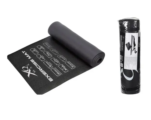 Saltea de yoga XQ Max, 183x58x1 cm, imprimeu cu exercitii, cauciuc/bumbac, negru