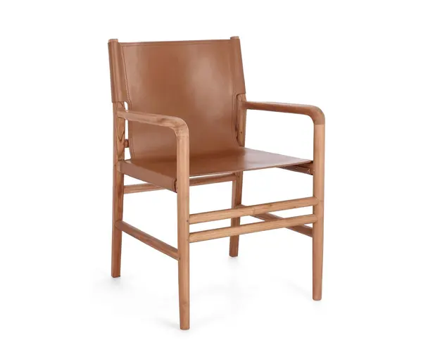 Scaun Caroline, Bizzotto, 57 x 58 x 85 cm, lemn de tec/piele naturala, maro coniac