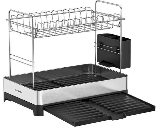 Scurgator pentru vase cu 2 niveluri Vasagle, 25-44x40x33.4 cm, max 22 kg, inox/plastic, argintiu/negru