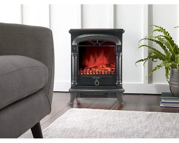 Semineu electric Beper, 37.5x23x50.8 cm, otel/sticla securizata, negru