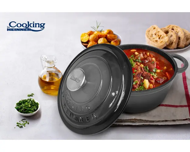 Semioala cu capac Marble, Cooking by Heinner, 26x12 cm, 4.8L, fonta emailata, gri