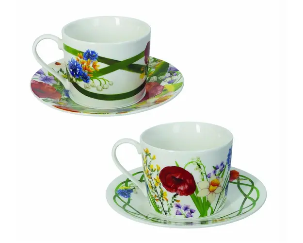 Set 2 cesti cu farfurie pentru ceai Fiori Di Campo, Brandani, 150 ml, portelan New Bone China