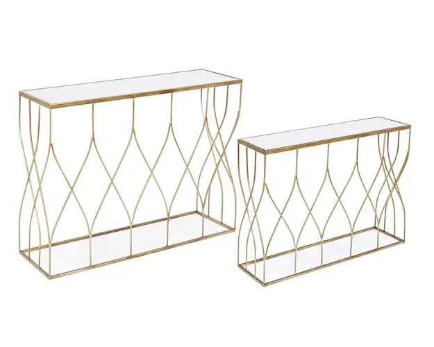 Set 2 console Elenor, Bizzotto, 104 x 33 x 79 cm, otel/sticla, auriu