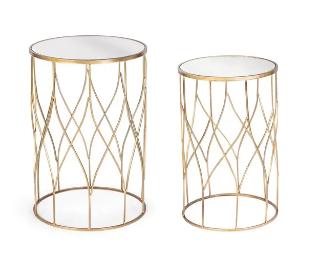 Set 2 masute de cafea Elenor Round, Bizzotto, Ø38 x 56 cm, otel/sticla, auriu