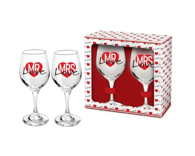 Set 2 pahare vin Mrs + Mr Love, Bg-Tech, 220 ml, sticla