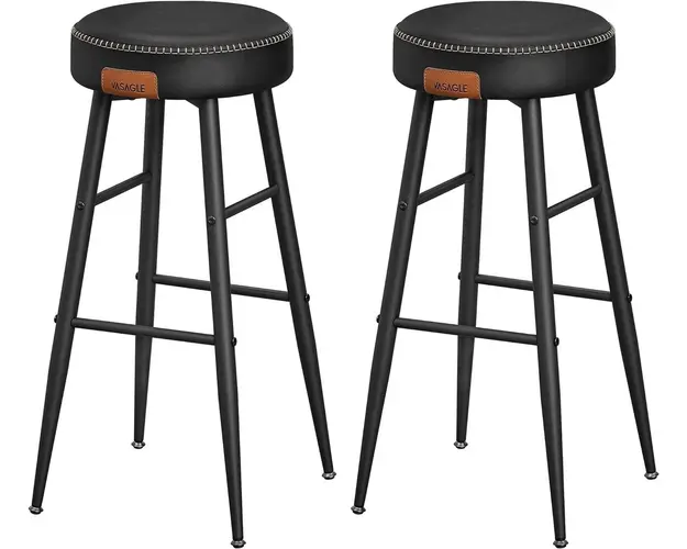 Set 2 scaune de bar Ekho, Vasagle, 51.6 x 51.6 x 75 cm, otel/piele ecologica, negru