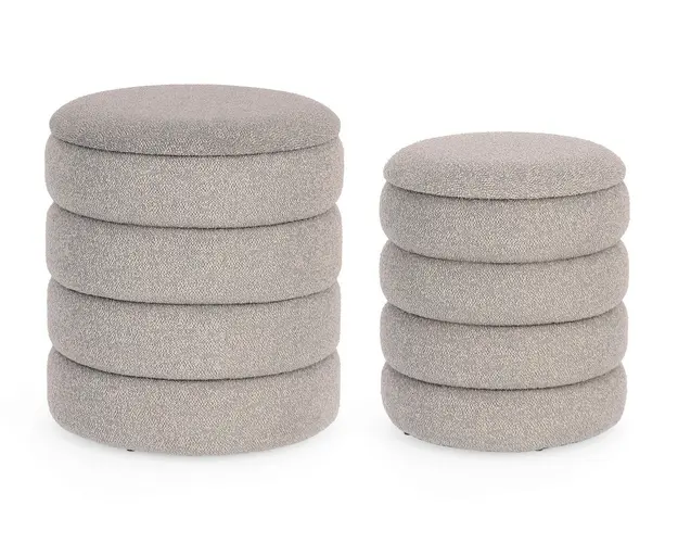 Set 2 taburete cu spatiu de depozitare Katerina, Bizzotto, Ø40 x 44.5 cm, MDF/poliester Boucle, gri deschis