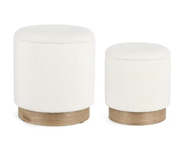 Set 2 taburete cu spatiu de depozitare Zoya, Bizzotto, Ø 37 x 42 cm, poliester Boucle, alb