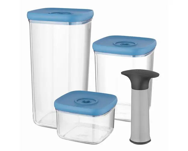 Set 3 caserole pentru vidat si pompa manuala BergHOFF, Leo Line, plastic, albastru