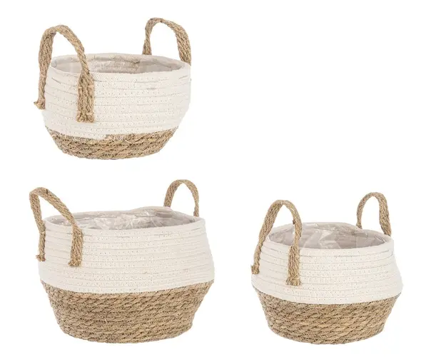 Set 3 cosuri pentru depozitare Aletha, Bizzotto, Ø 28 x 21 cm, bumbac/iarba uscata, alb/natural