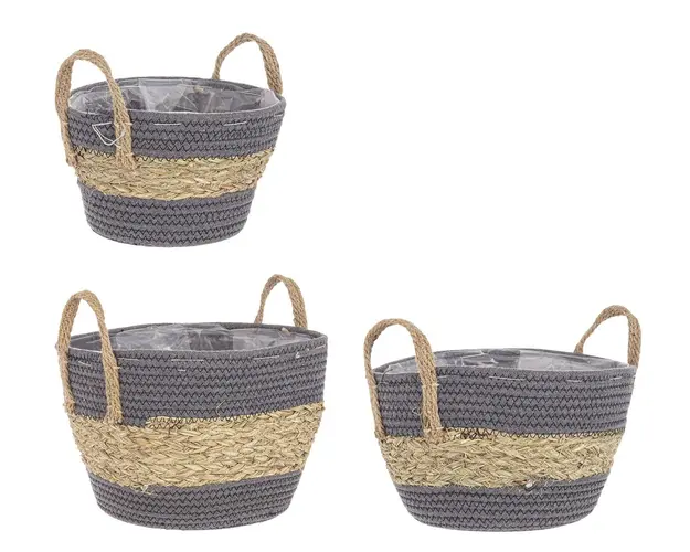 Set 3 cosuri pentru depozitare Alyce, Bizzotto, Ø 30 x 22 cm, iarba uscata/hartie, gri/natural
