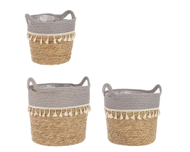 Set 3 cosuri pentru depozitare Bridget, Bizzotto, Ø 32 x 35 cm, iarba uscata/hartie, gri/natural