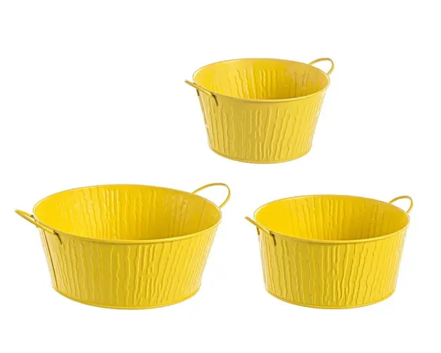 Set 3 ghivece, Bark Round, Bizzotto, 23.5x20x11 cm, zinc, finisaj lucios, galben