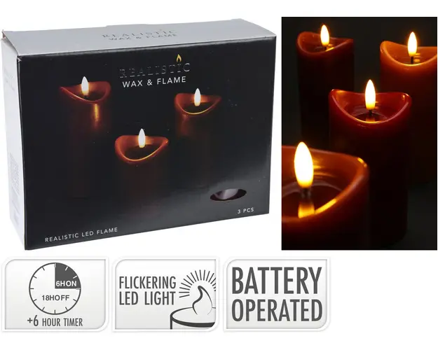 Set 3 lumanari LED cu efect de flacara, Excellent Houseware, 10 cm / 12.5 cm / 15 cm, ceara, rosu inchis