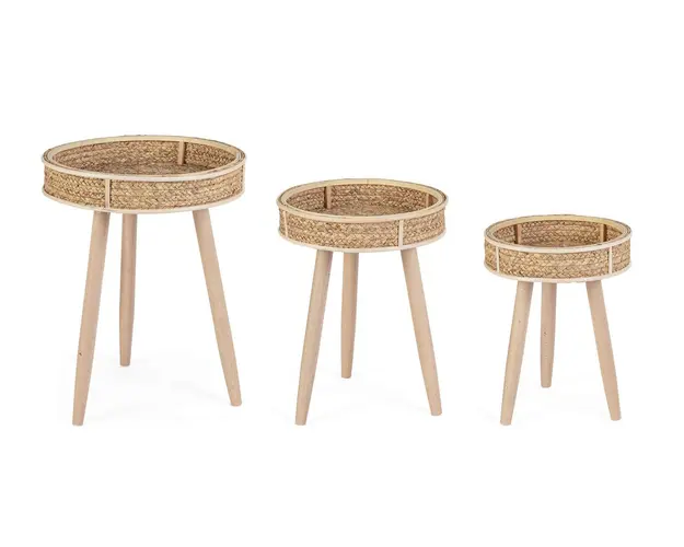 Set 3 masute de cafea Clevon, Bizzotto, 40x55 cm, ratan/lemn de pin, natural