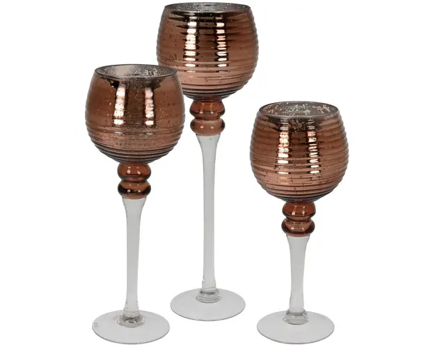 Set 3 suporturi pentru lumanari Stripe Embossment, sticla, maro