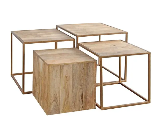Set 4 masute de cafea Jaidev, Bizzotto, 50x50x45 cm, otel/lemn de mango,