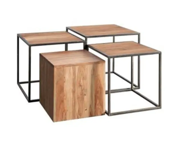 Set 4 masute de cafea Janak, Bizzotto, 50x50x45 cm, otel/lemn de salcam